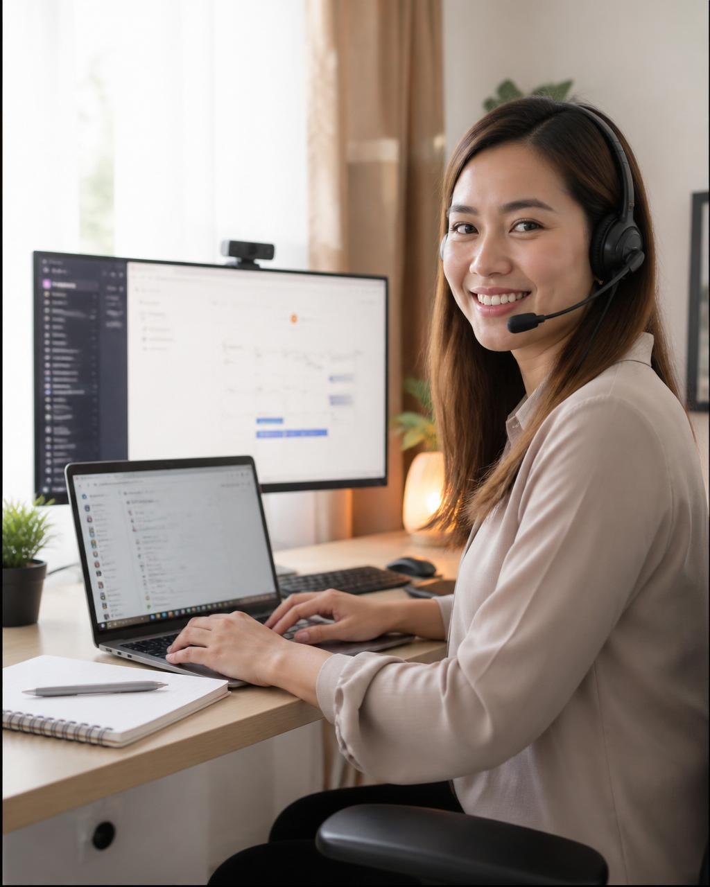 Filipina virtual assistant working at a modern home office setup